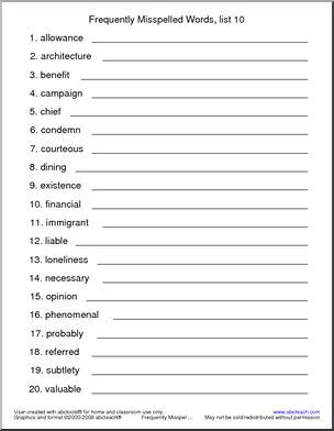 Frequently Misspelled Words (list 10) Spelling Set