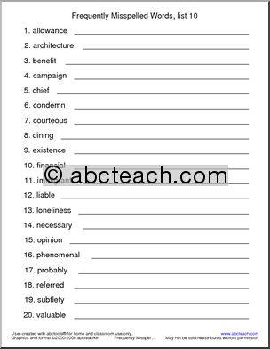 Frequently Misspelled Words (list 10) Spelling Set
