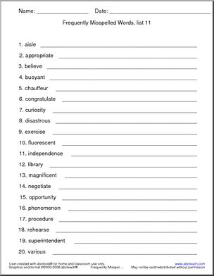 Frequently Misspelled Words (list 11) Spelling Set