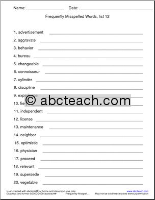 Frequently Misspelled Words (list 12) Spelling Set