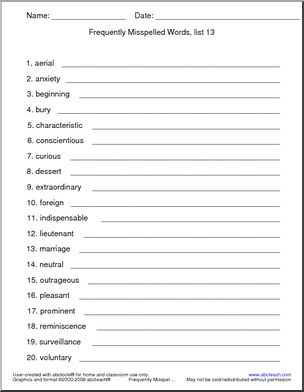 Frequently Misspelled Words (list 13) Spelling Set