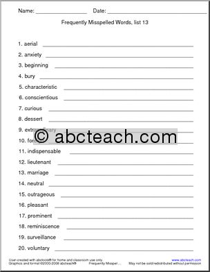 Frequently Misspelled Words (list 13) Spelling Set