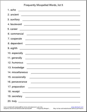 Frequently Misspelled Words (list 5) Spelling Set