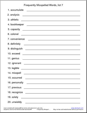 Frequently Misspelled Words (list 7) Spelling Set