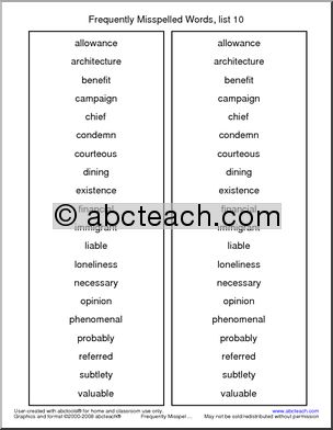 Frequently Misspelled Words (list 10) Spelling List