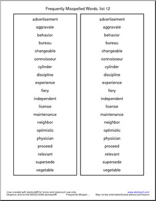 Frequently Misspelled Words (list 12) Spelling List