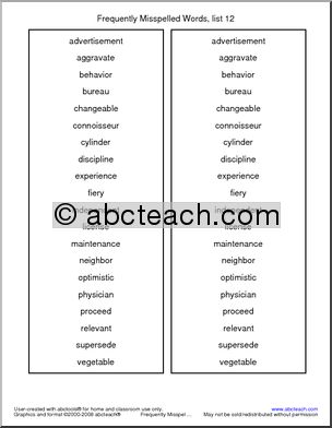 Frequently Misspelled Words (list 12) Spelling List