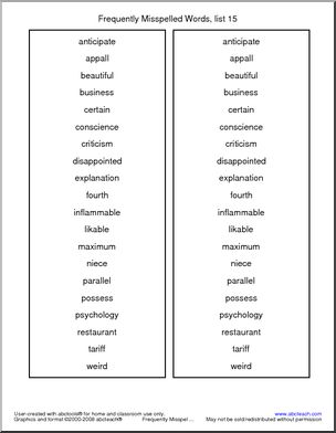 Frequently Misspelled Words (list 15) Spelling List