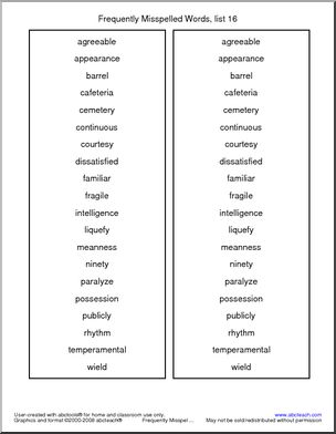 Frequently Misspelled Words (list 16) Spelling List