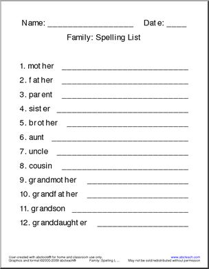 Spelling List: Family | Abcteach