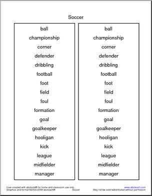 Soccer Vocabulary Spelling List