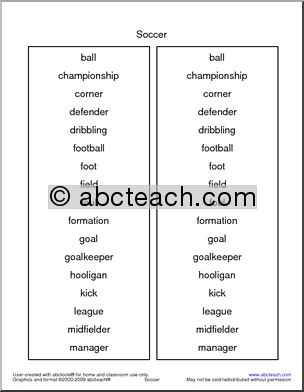 Soccer Vocabulary Spelling List