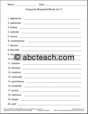 Frequently Misspelled Words (list 17) Spelling Set