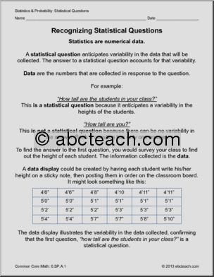 Common Core: Math – Recognizing Statistical Questions (grade 6)