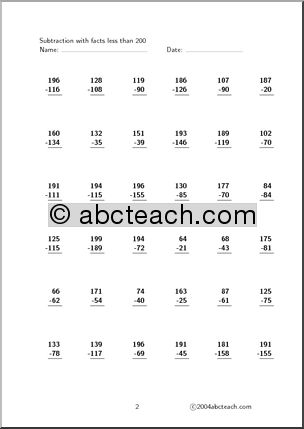 Subtraction – facts up to 200 (set 1) Clip Art