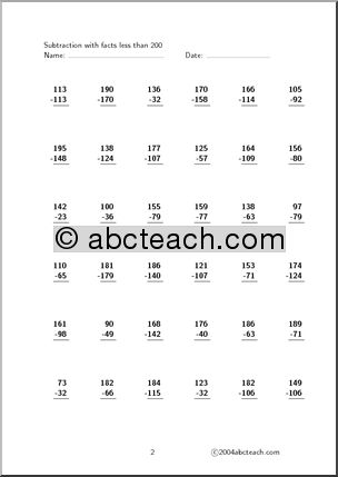Subtraction – facts up to 200 (set 2) Clip Art
