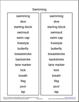 Swimming Terminology Spelling List