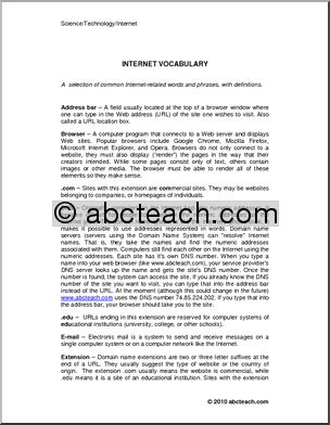 Technology: Internet Vocabulary (upper elem/middle/high school)