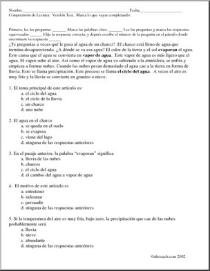 Spanish:  ComprensiÃ›n de texto – El Ciclo del Agua