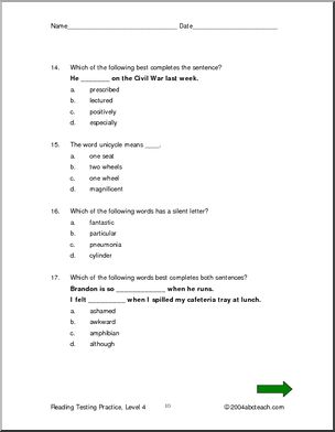 Reading (Level 4) Testing Practice – Abcteach