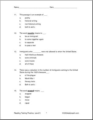 Reading Comprehension (Level 5) Testing Practice I abcteach.com