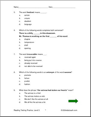 Reading Comprehension (Level 5) Testing Practice I abcteach.com