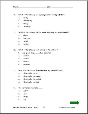 Reading Comprehension (Level 5) Testing Practice I abcteach.com