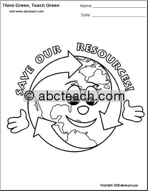 Coloring Page: Think Green – Save Our Resources! (cute)