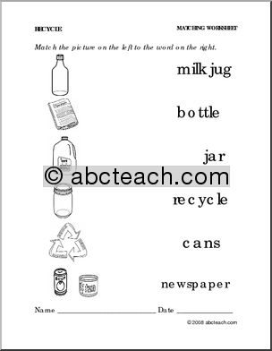 Worksheet: Recycle – Match Pictures and Words (preschool/primary)