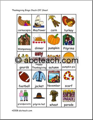 Bingo Cards: Thanksgiving – check sheet (color)