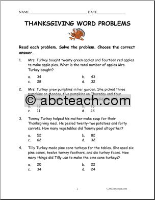 Word Problems: Thanksgiving theme (primary)