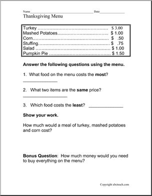Worksheet: Thanksgiving Restaurant Menu (elementary)