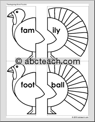 Thanksgiving Turkey Word Puzzles (black/white)