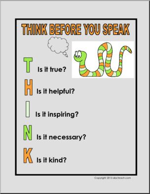 Poster: Life Skills- THINK BEFORE YOU SPEAK (worm graphic)