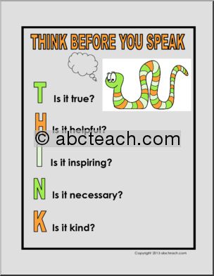 Poster: Life Skills- THINK BEFORE YOU SPEAK (worm graphic)