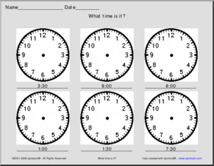 Telling Time – analog clocks – 30 min. (large) Clip Art