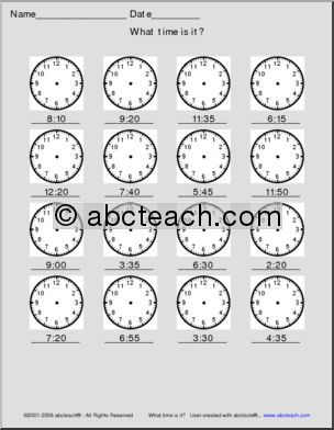 Telling Time – analog clocks – 5 min. (small) Clip Art