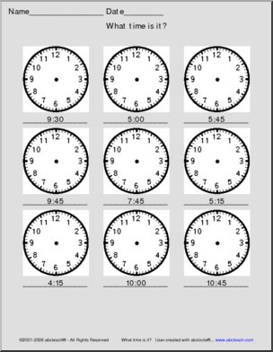 Telling Time – analog clocks – 15 min. (medium) Clip Art