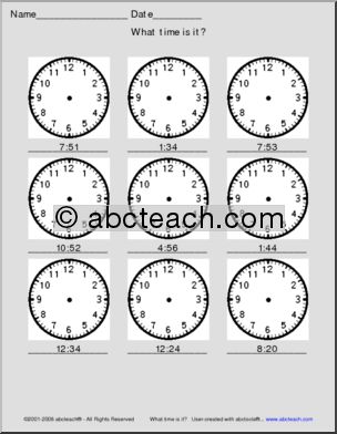 Telling Time – analog clocks – 1 min. (medium) Clip Art