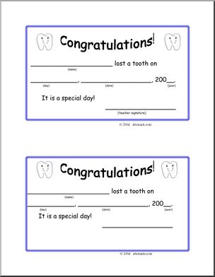 Certificate: Lost a Tooth (preschool,primary)