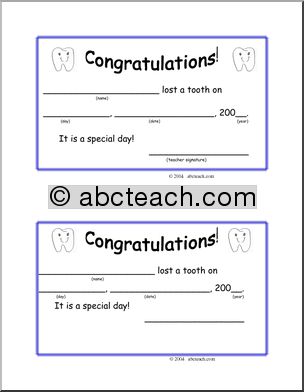 Certificate: Lost a Tooth (preschool,primary)