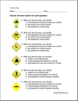 Worksheet: Traffic Warning Signs – multiple choice