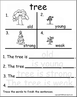 Beginning Writing Practice, Set 16a – trace (tree)