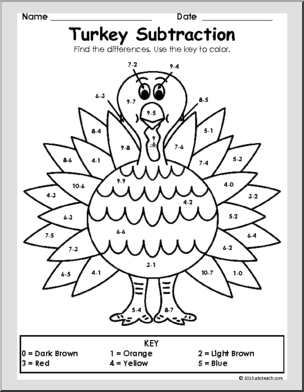 Thanksgiving: Turkey Subtraction – Coloring Page