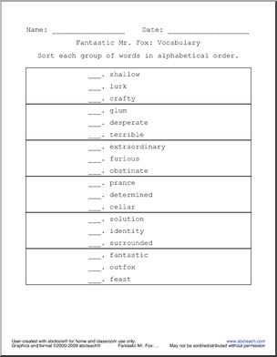 Fantastic Mr. Fox Vocabulary (upper elem) ABC Order