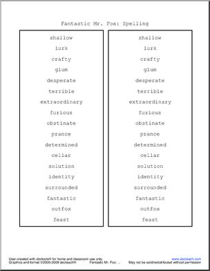 Fantastic Mr. Fox Vocabulary (upper elem) Spelling