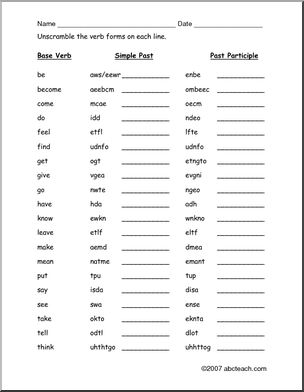 Unscramble the Words: Irregular Forms for 20 Verbs (ESL)