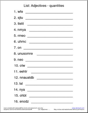 Unscramble the Words: Adjectives – quantities