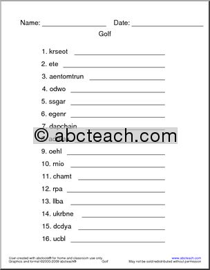 Golf Vocabulary Unscramble the Words