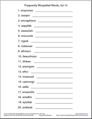 Frequently Misspelled Words (list 10) Unscramble the Words